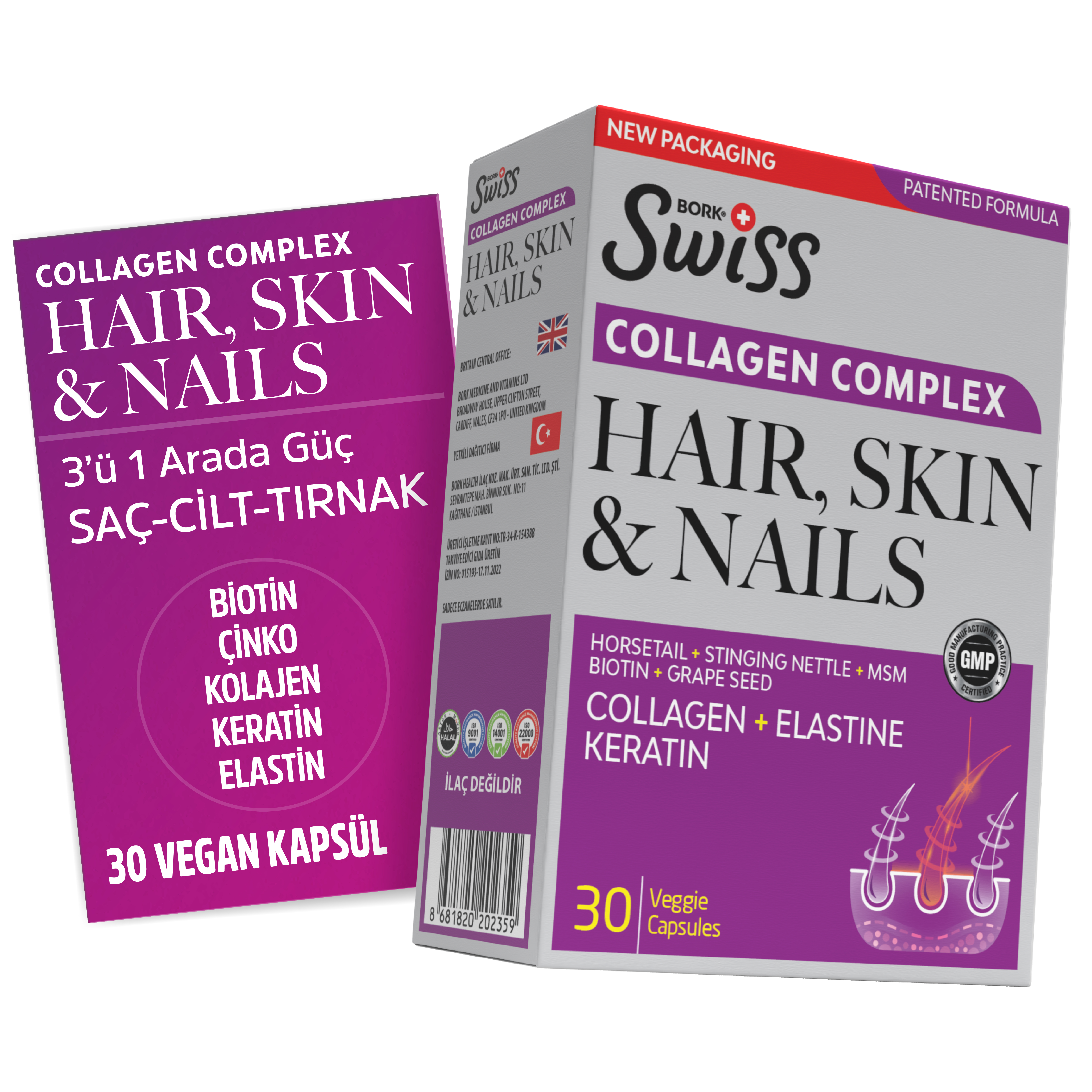 Hair Skin Nails | Tip 1 Kolajen – Keratin & Elastin – Biotin – Çinko – Demir – 30 Kapsül