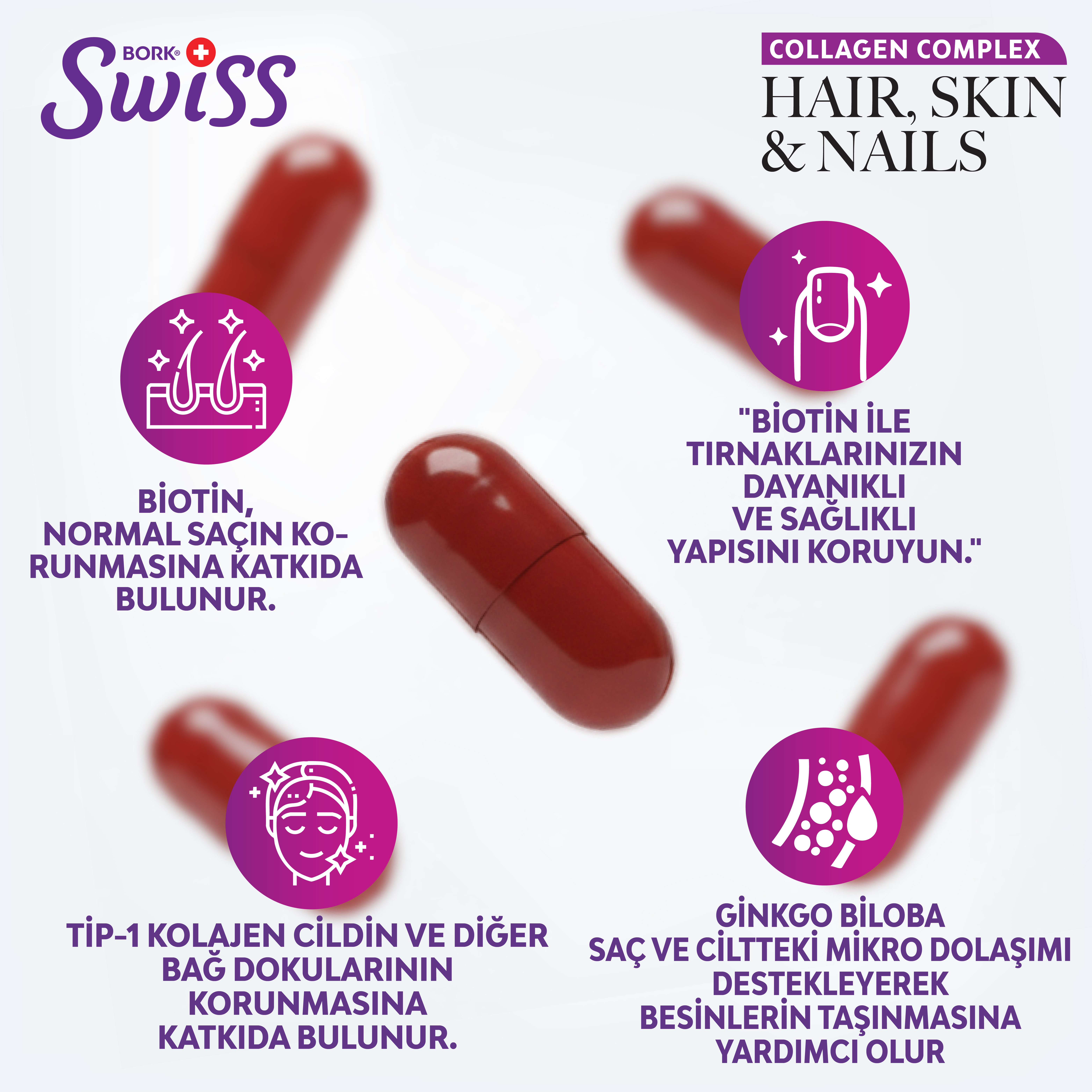 Hair Skin Nails | Tip 1 Kolajen – Keratin & Elastin – Biotin – Çinko – Demir – 30 Kapsül
