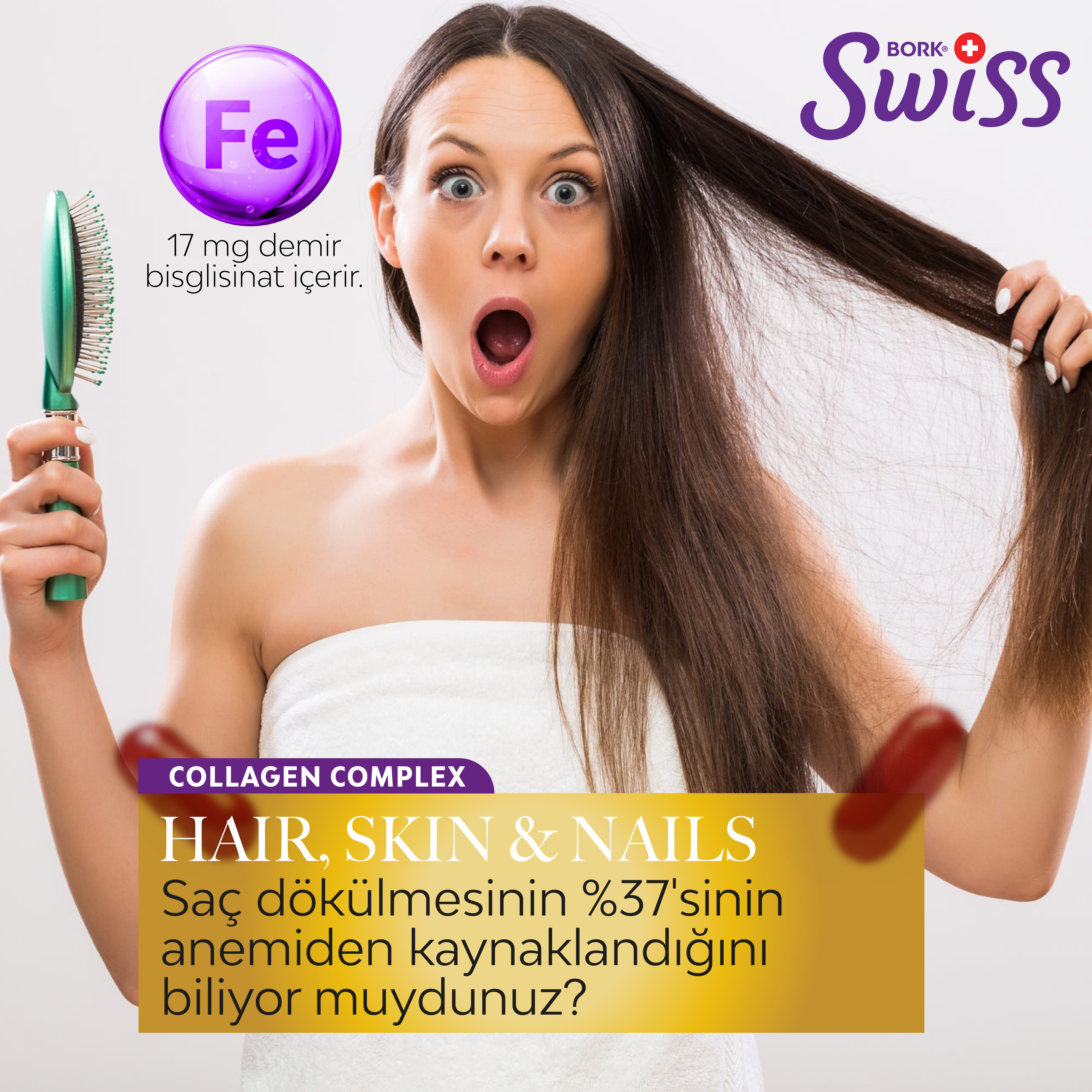 Hair Skin Nails | Tip 1 Kolajen – Keratin & Elastin – Biotin – Çinko – Demir – 30 Kapsül