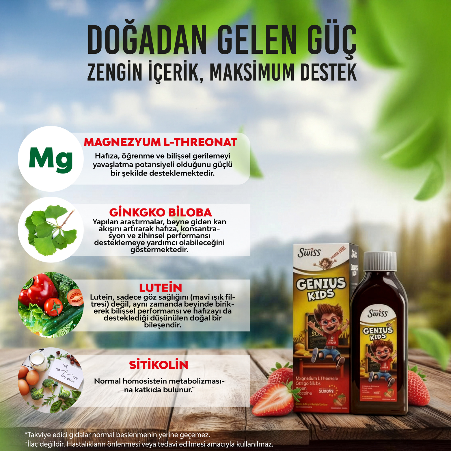 Çocuklar İçin Magnezyum L-Threonate ve Sitikolin İçeren Zeka Gelişimini Destekleyici Şurup 150 ml
